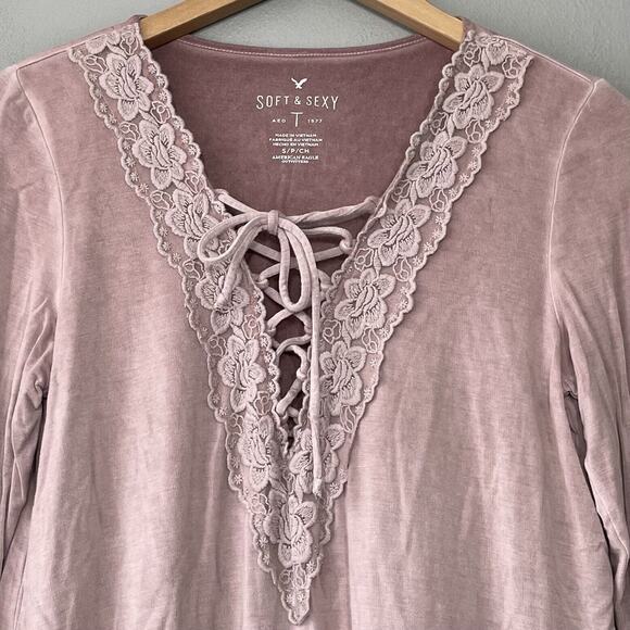American Eagle Soft & Sexy T Size Small Pink Lace Up Knit Top Romantic Coquette - Picture 3 of 7